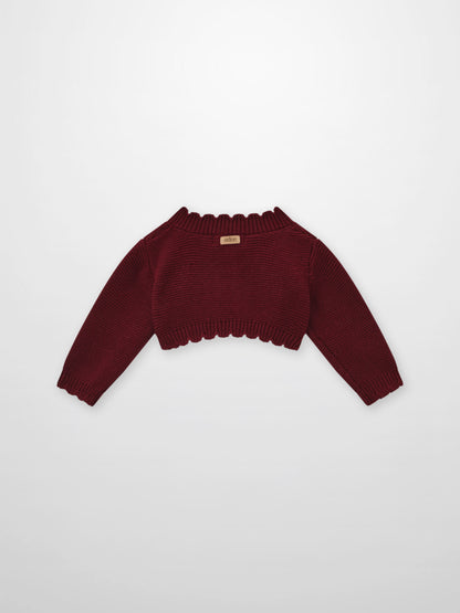 Cropped cardigan burgundy by Adee; unisex dressy knit top with ribbed cuffs and hem.