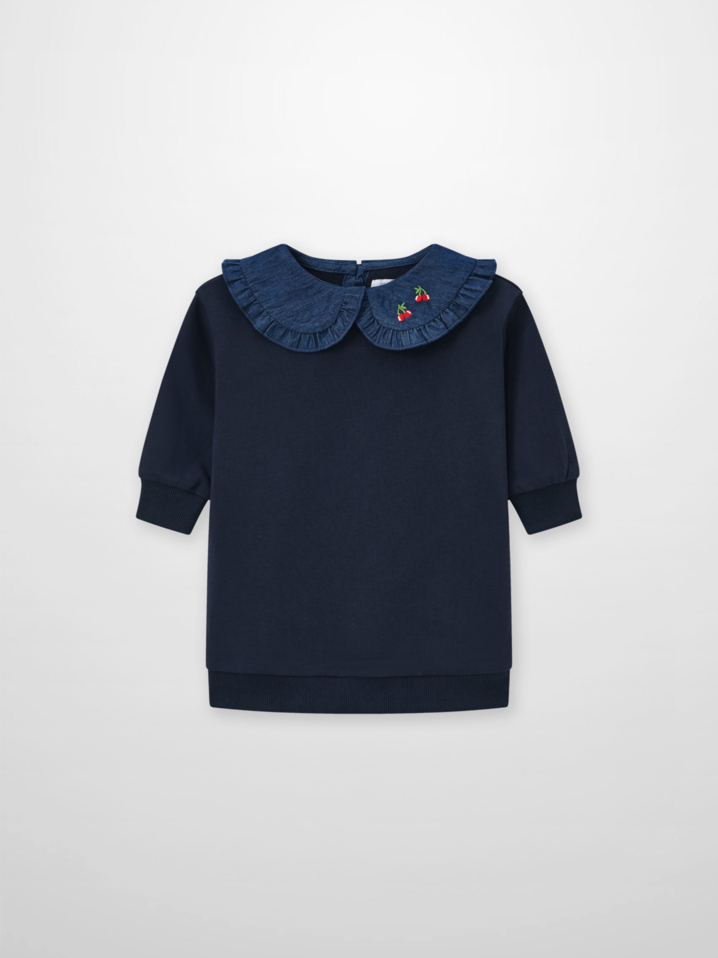 Denim Cherry Collar Dress for girls by Adee in navy with a ruffled denim collar and cherry embroidery.