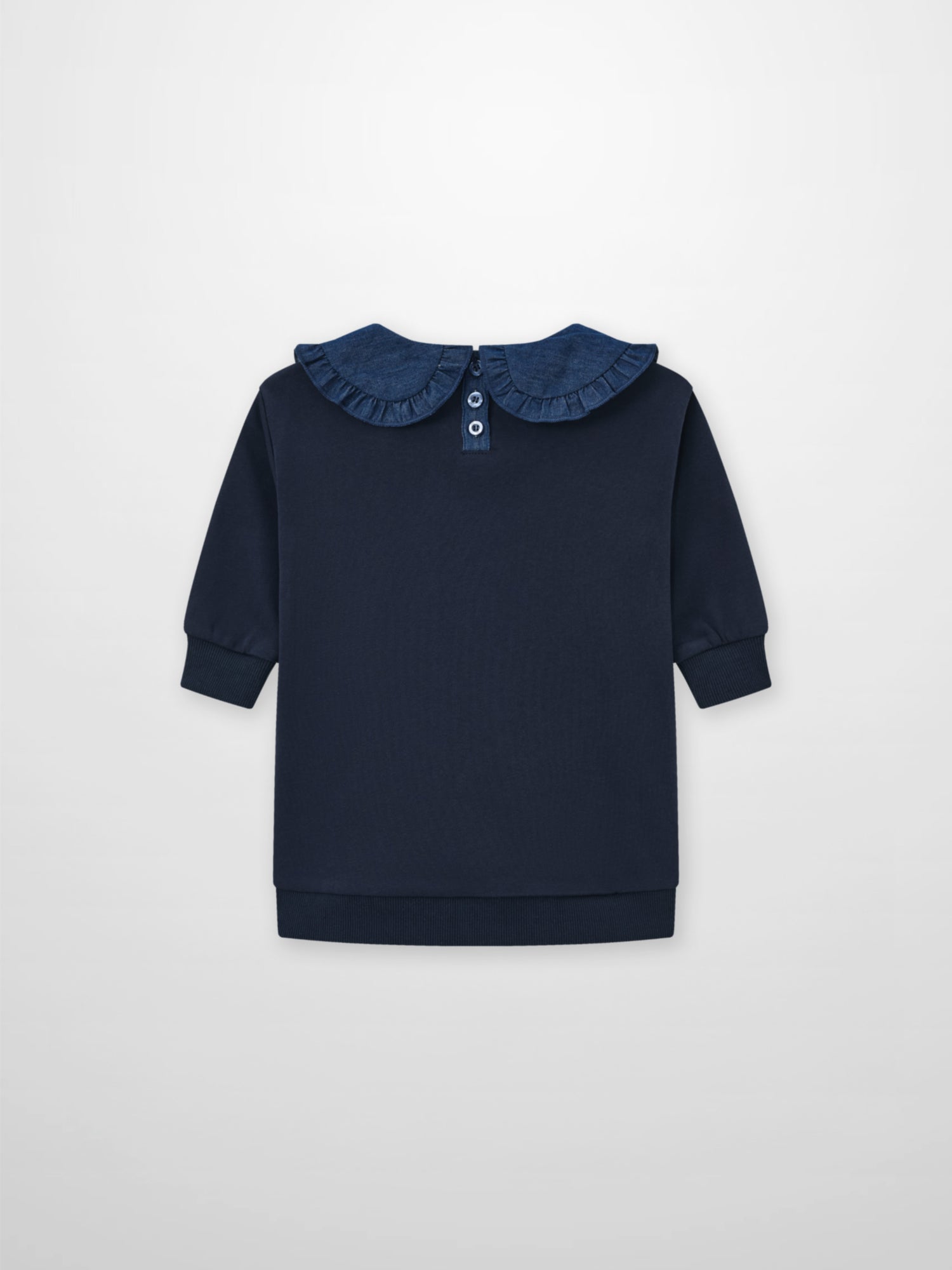 Denim Cherry Collar Dress for girls with a navy bodice and a denim ruffled collar and button placket.