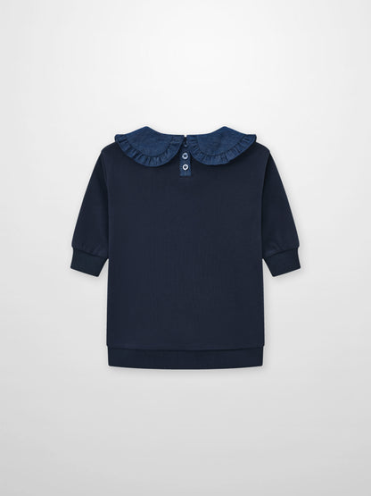 Denim Cherry Collar Dress for girls with a navy bodice and a denim ruffled collar and button placket.
