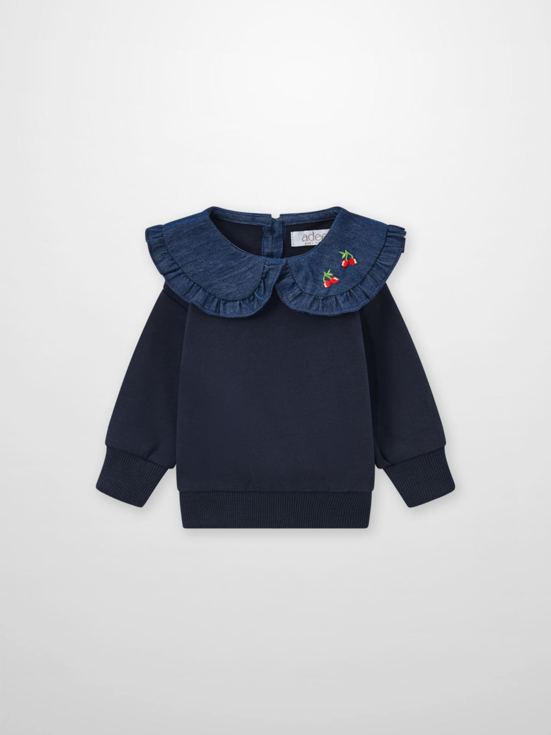 Denim Cherry Collar Sweatshirt for girls by Adee in navy with cherry embroidery