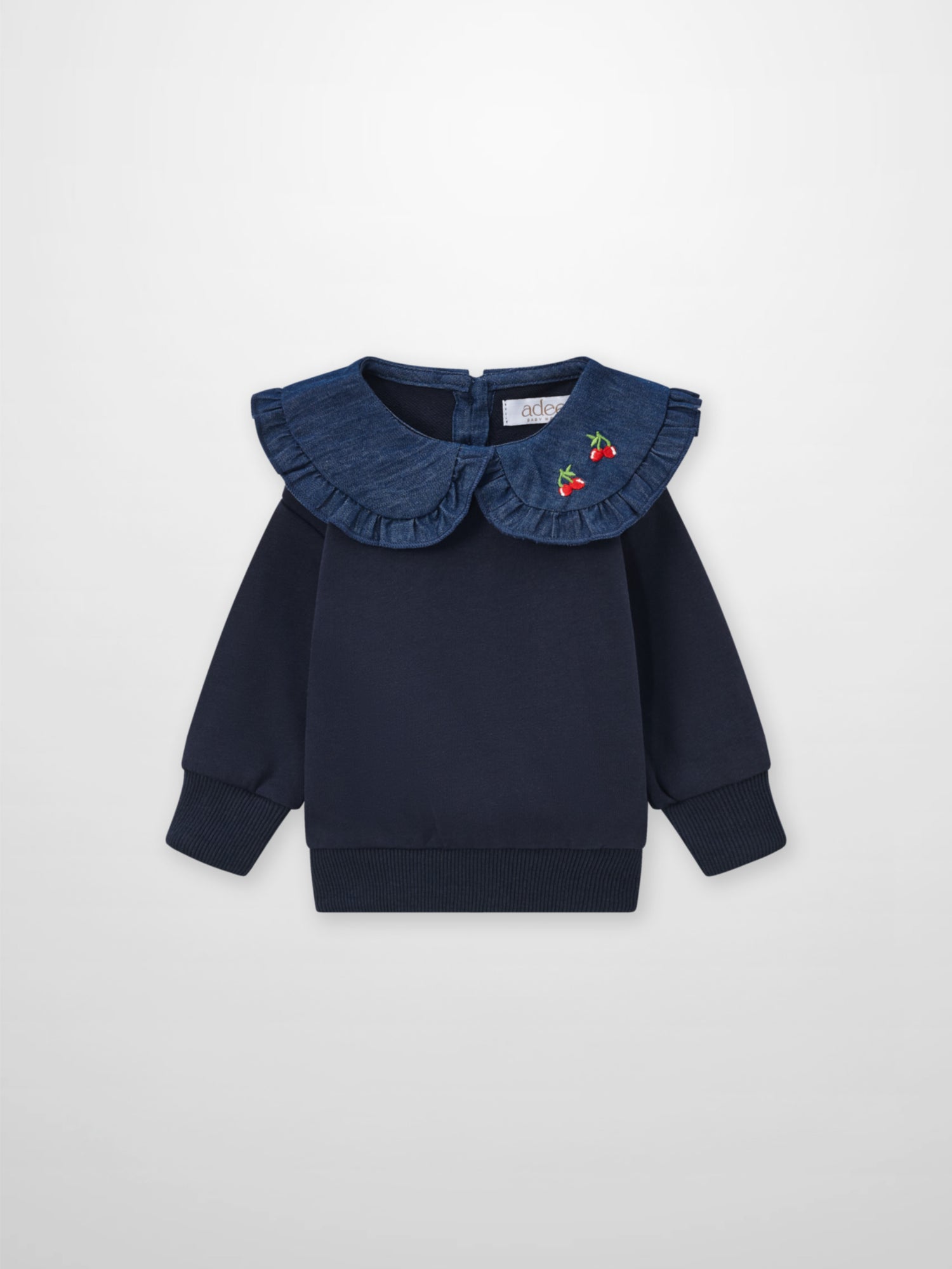 Denim Cherry Collar Sweatshirt for girls by Adee in navy with cherry embroidery