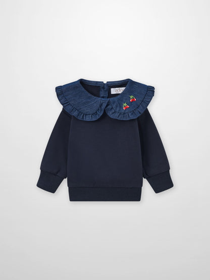 Denim Cherry Collar Sweatshirt for girls by Adee in navy with cherry embroidery