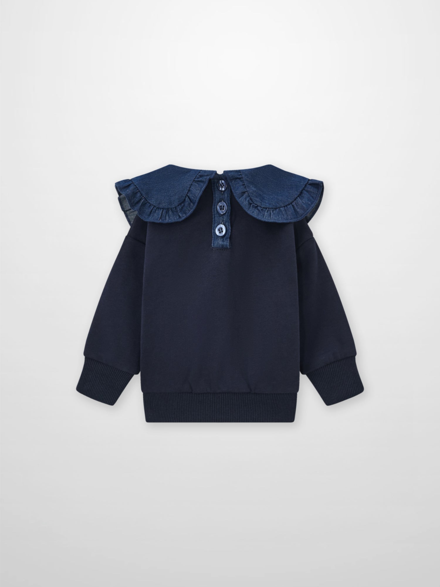Denim Cherry Collar Sweatshirt for girls by Adee; navy top with a denim collar and button placket.