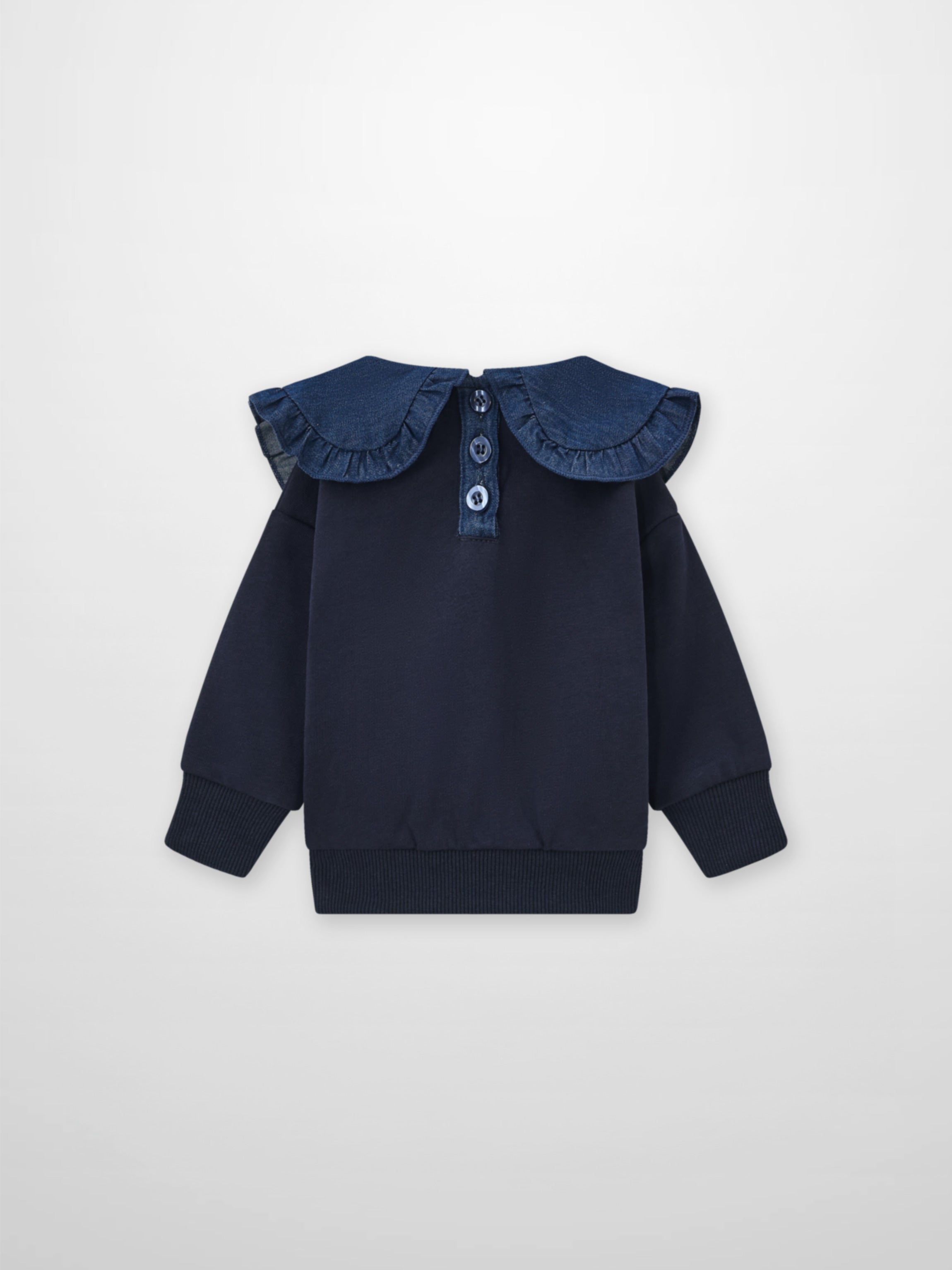 Denim Cherry Collar Sweatshirt for girls by Adee; navy top with a denim collar and button placket.