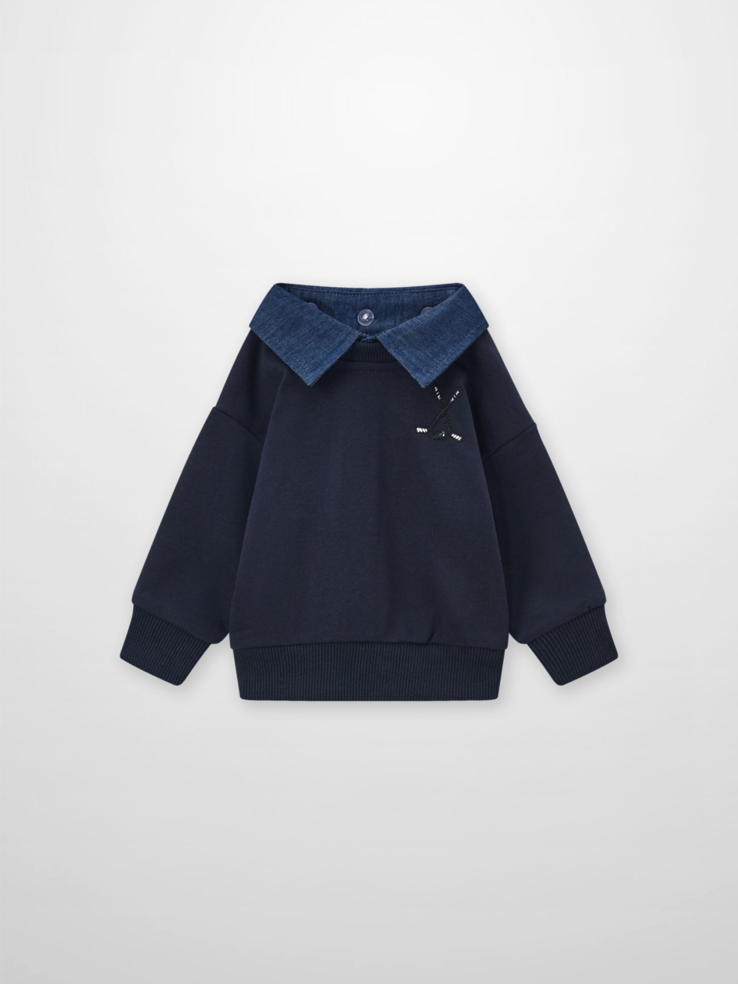 Adee Denim Collar Sweatshirt for boys; navy blue with light denim collar and chest embroidery.