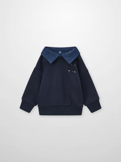 Adee Denim Collar Sweatshirt for boys; navy blue with light denim collar and chest embroidery.