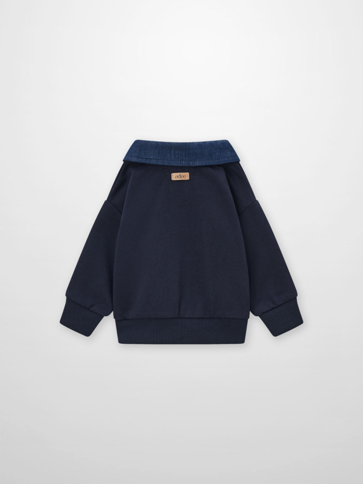 Adee denim-collar sweatshirt for boys; navy body with ribbed cuffs and hem.