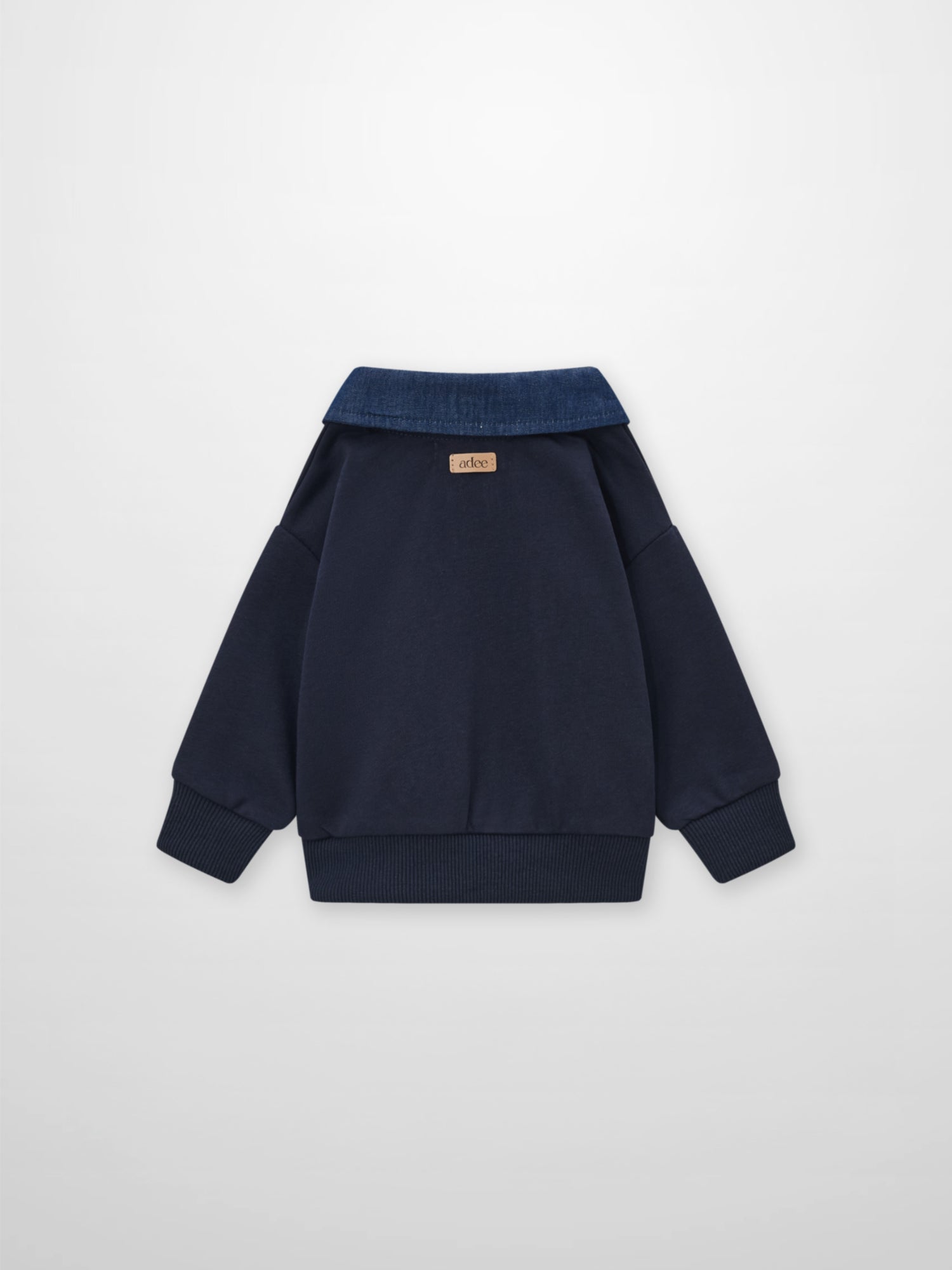 Adee denim-collar sweatshirt for boys; navy body with ribbed cuffs and hem.