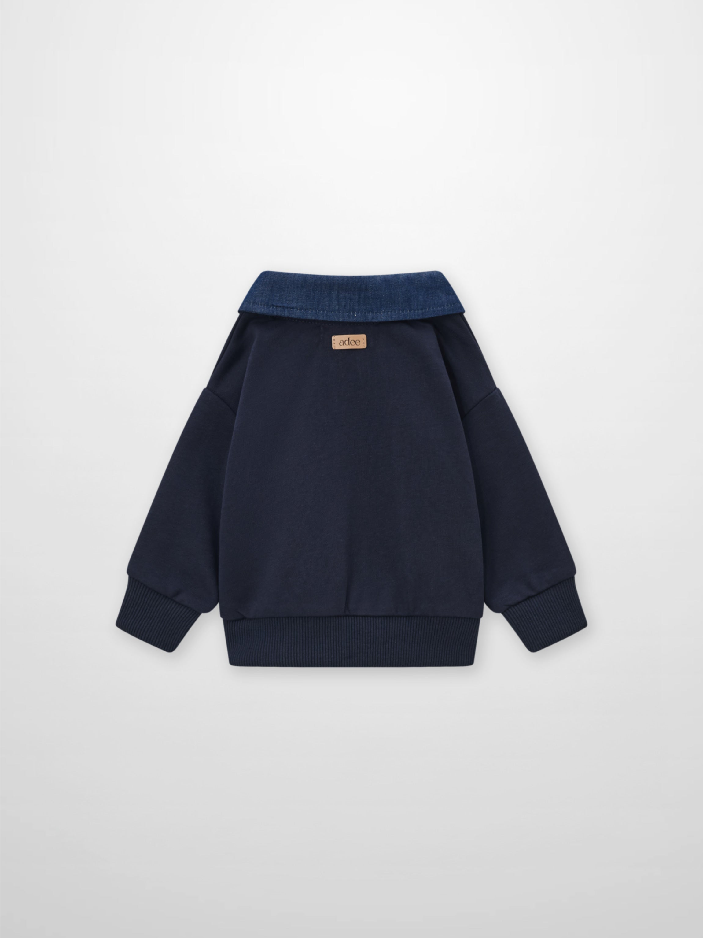 Adee denim-collar sweatshirt for boys; navy body with ribbed cuffs and hem.