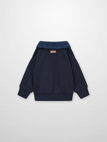 Adee denim-collar sweatshirt for boys; navy body with ribbed cuffs and hem.