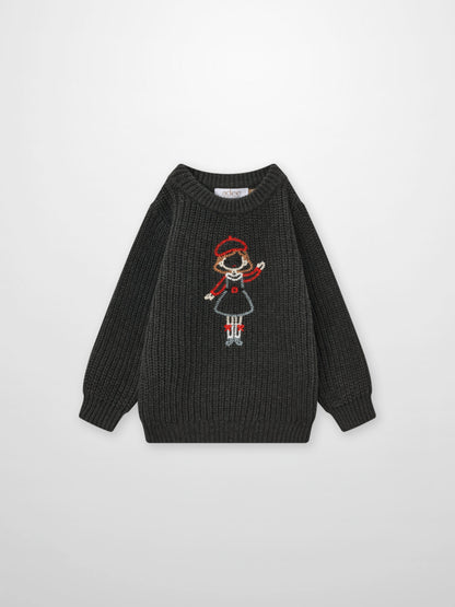 Knit Girl Sweater - Grey; Adee kids top in dark gray knit with an embroidered girl motif.