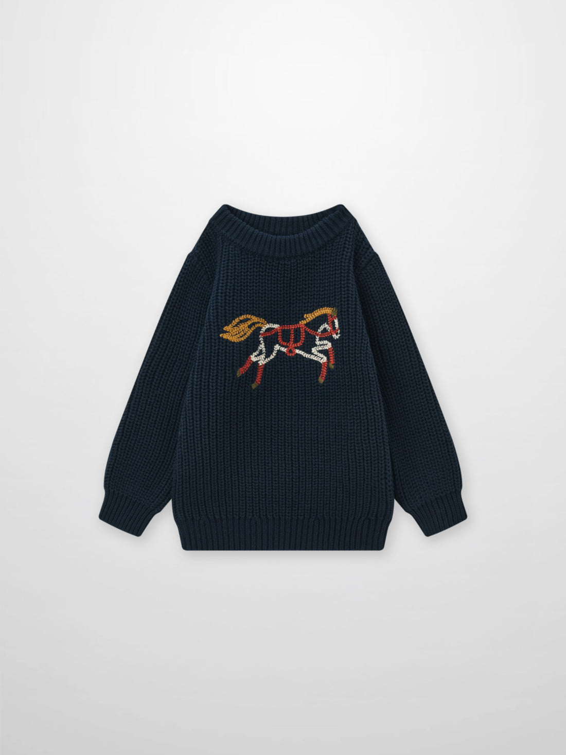 Knit Horse Sweater Navy, Adee unisex top with embroidered horse motif on thick knit