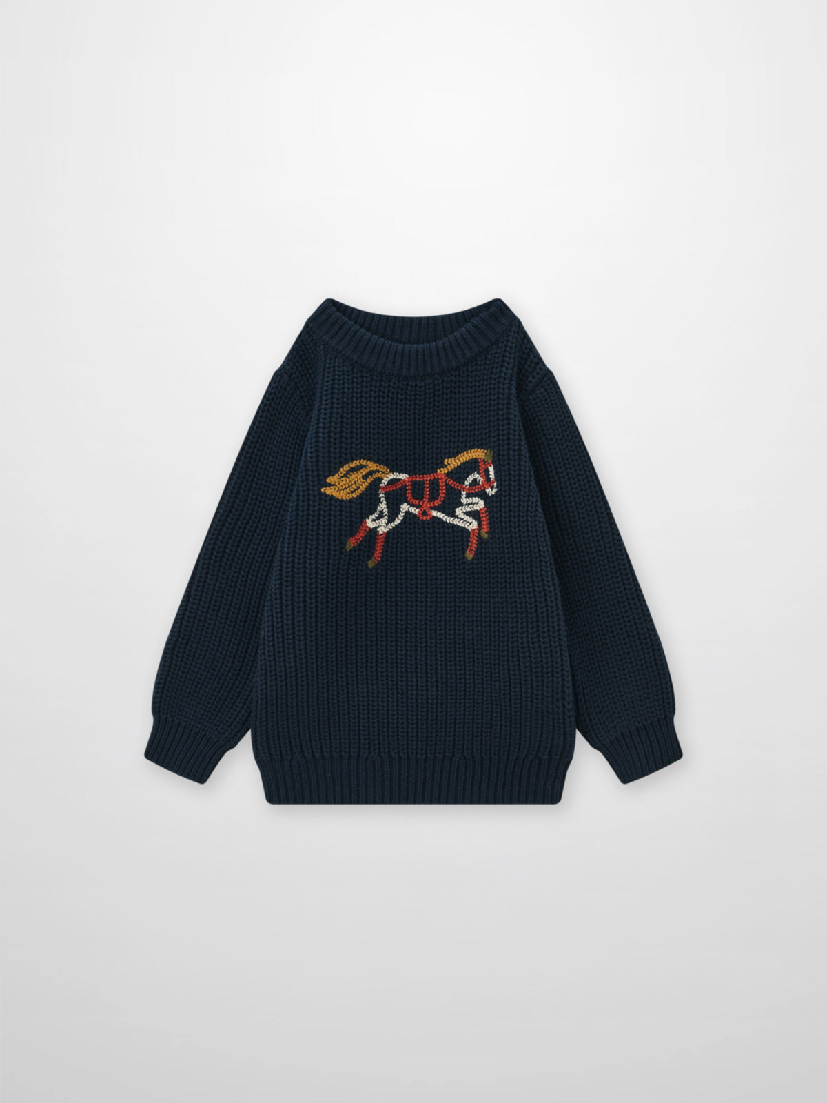 Knit Horse Sweater Navy, Adee unisex top with embroidered horse motif on thick knit