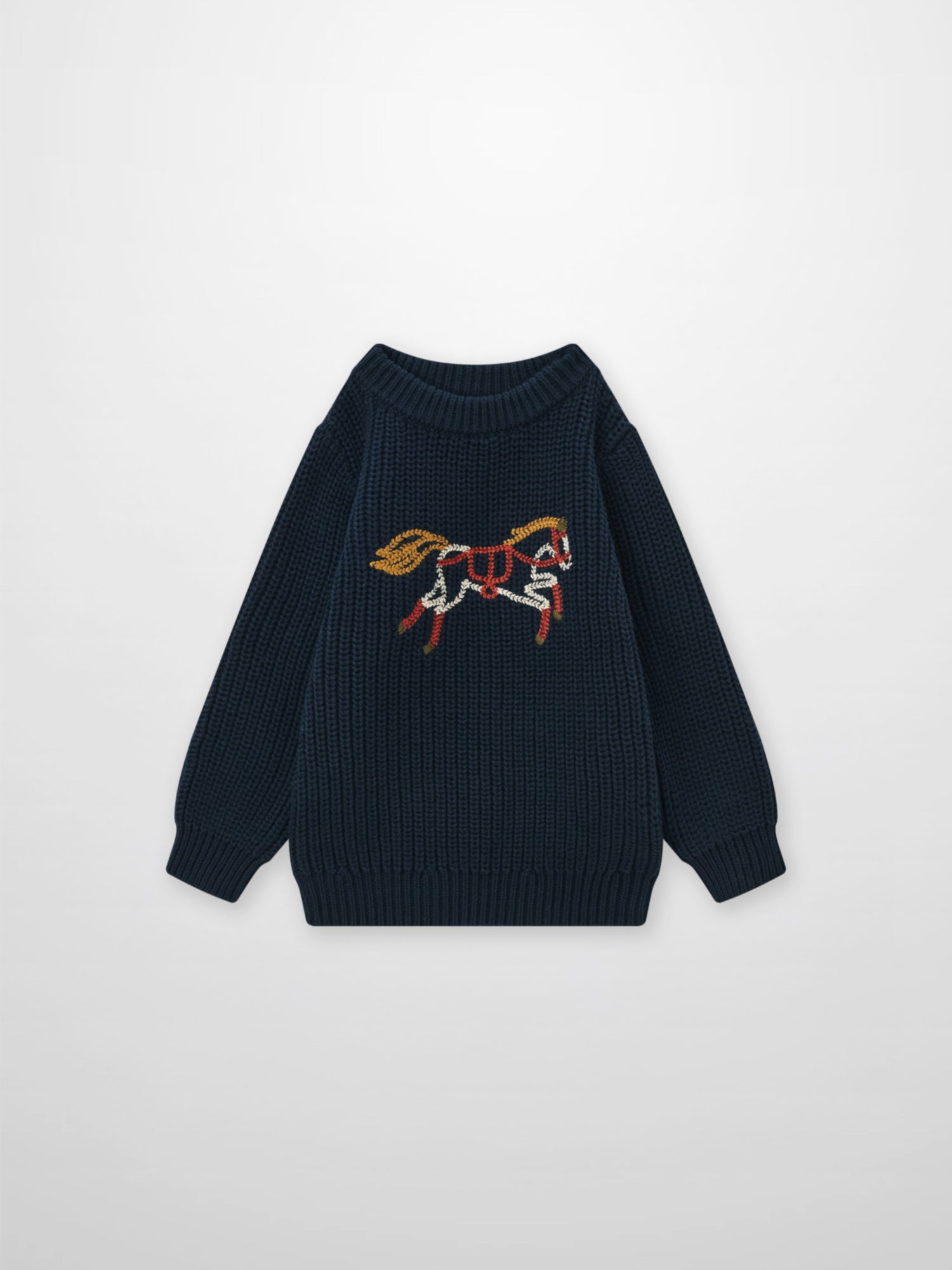 Knit Horse Sweater Navy, Adee unisex top with embroidered horse motif on thick knit