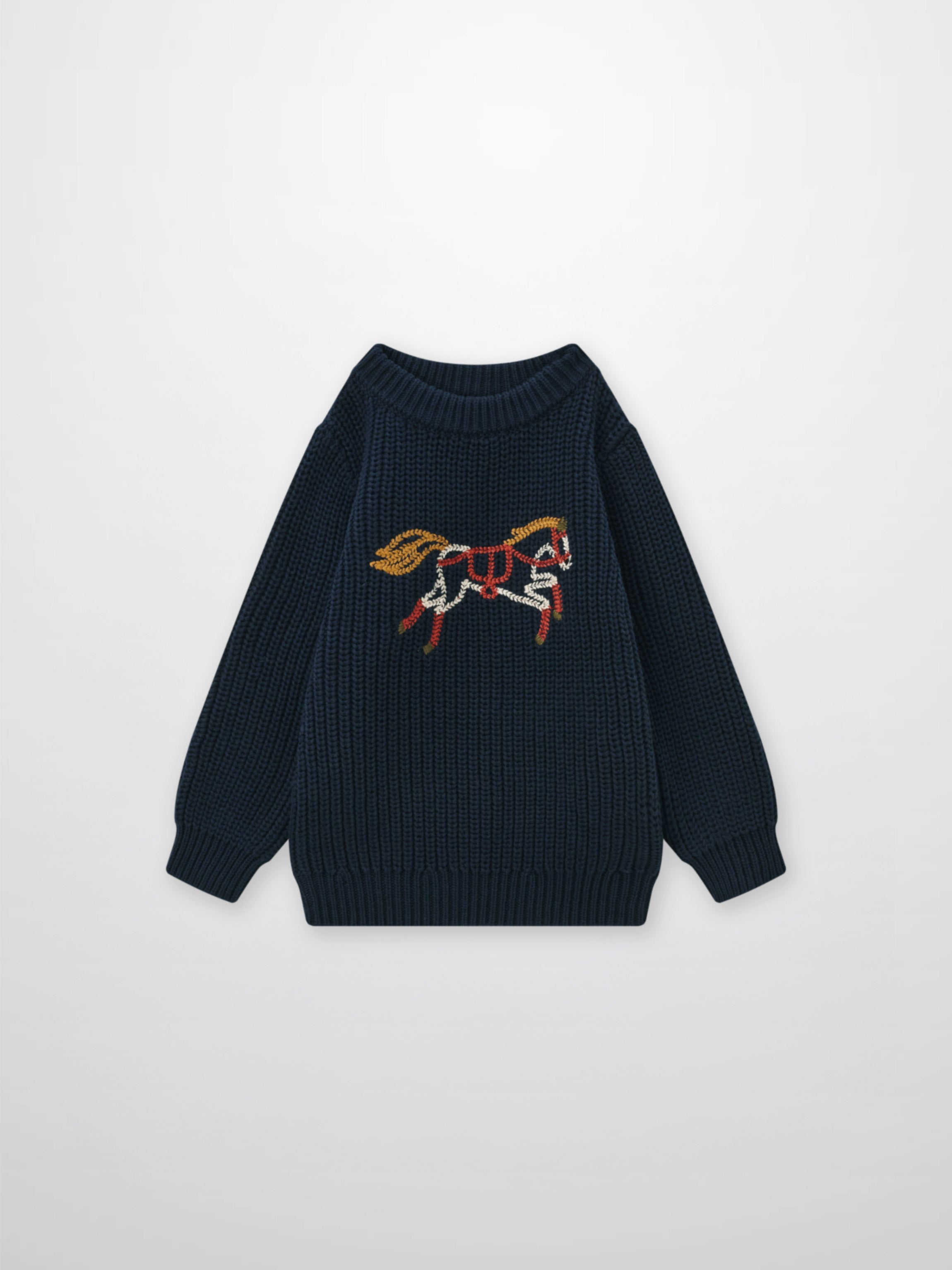 Knit Horse Sweater Navy, Adee unisex top with embroidered horse motif on thick knit