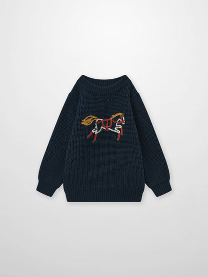 Knit Horse Sweater Navy, Adee unisex top with embroidered horse motif on thick knit