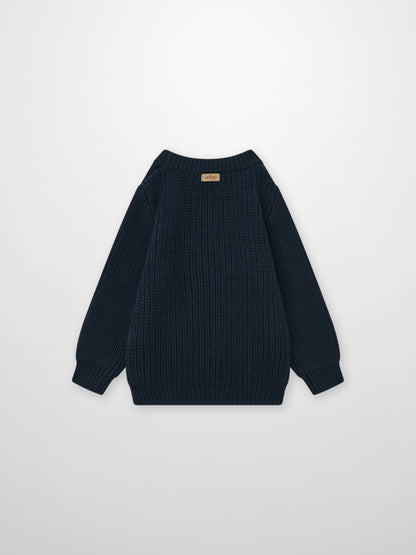 Knit Horse Sweater - Navy; Adee unisex top in navy knit with ribbed cuffs and back label