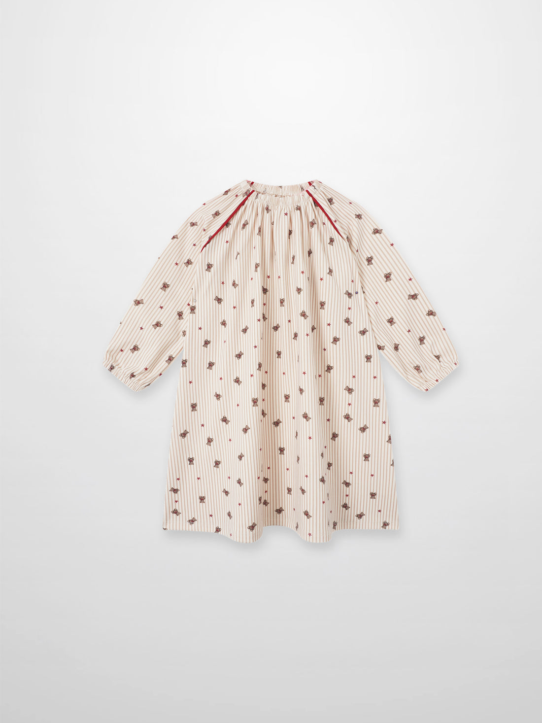 Striped beige bear nightgown for girls, red piping along shoulders, small bear prints