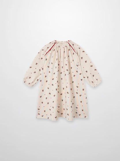 Striped beige bear nightgown for girls, red piping along shoulders, small bear prints