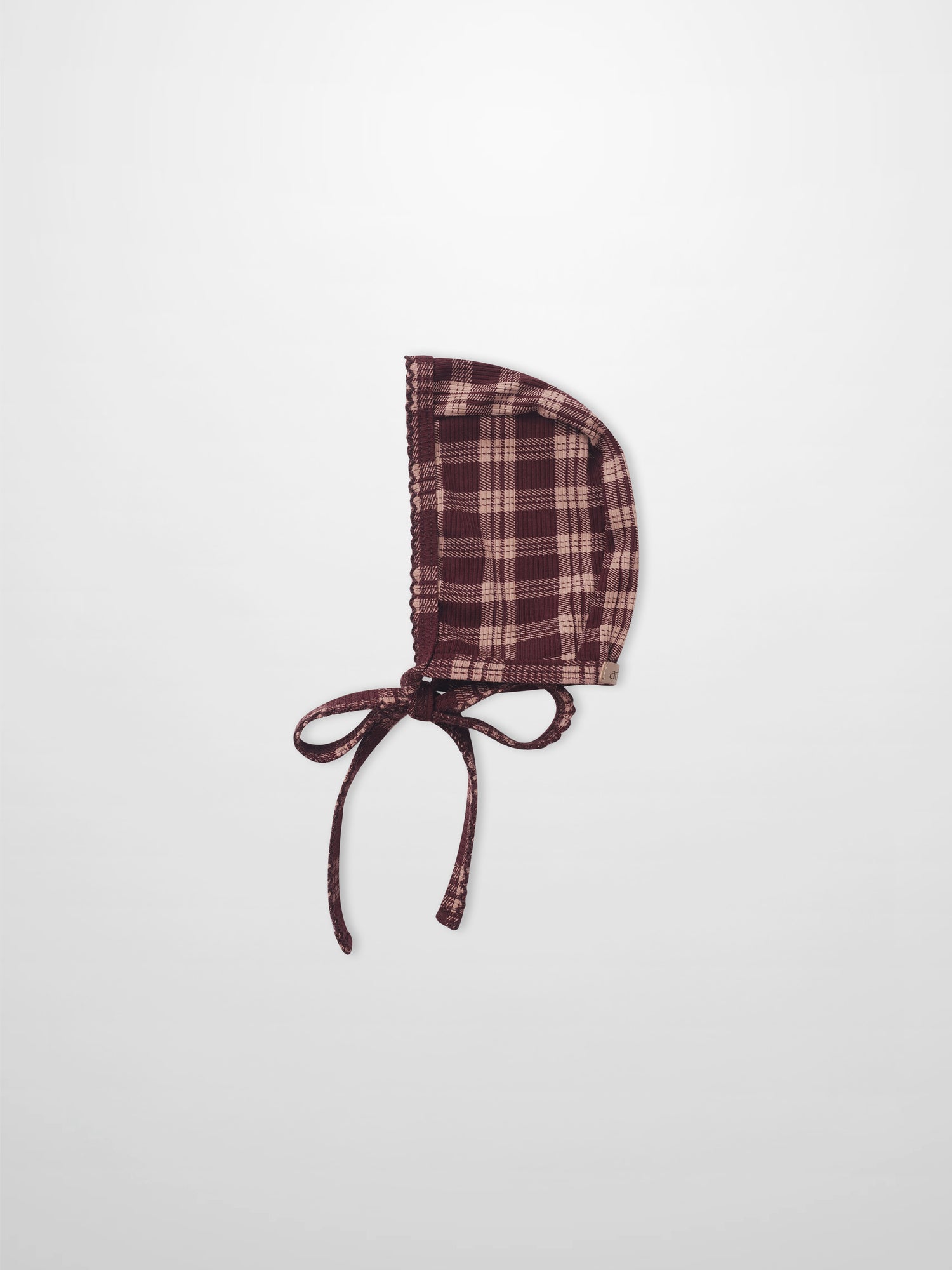 Burgundy plaid girls bonnet by Adee with tied strings