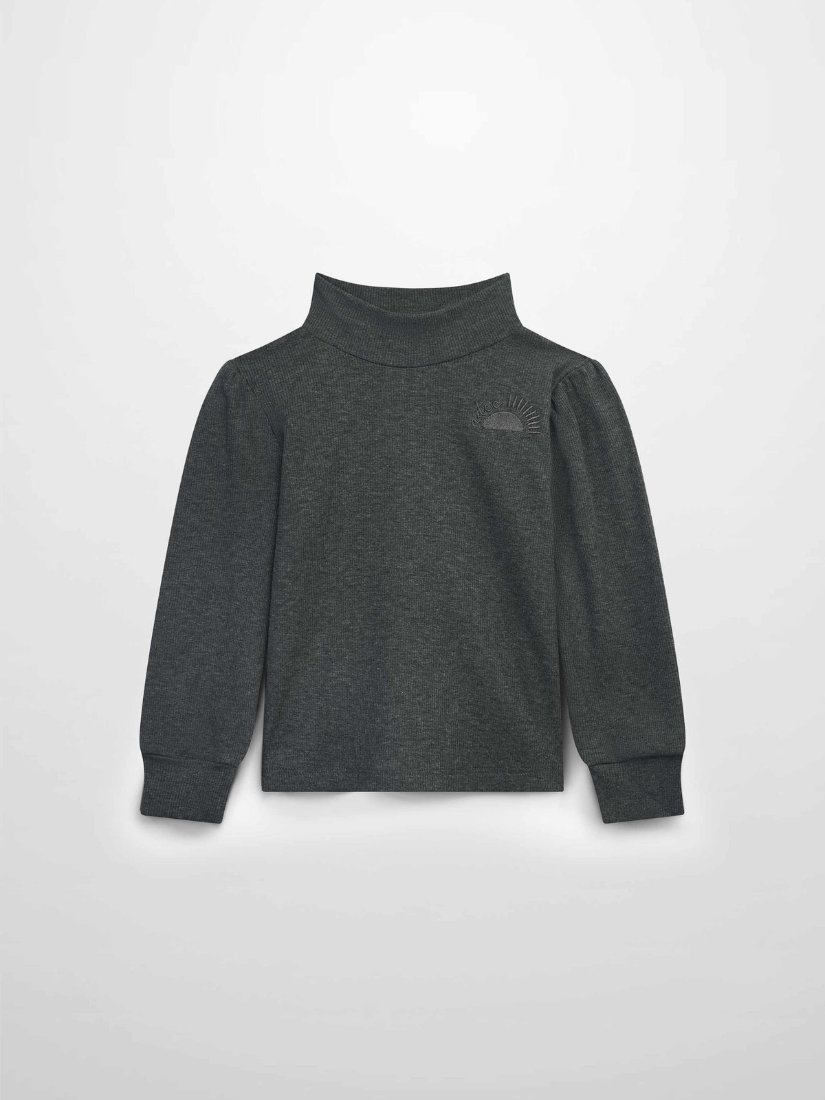 Grey ribbed puff-sleeve shirt with mock neck and cuffed sleeves; chest embroidery.