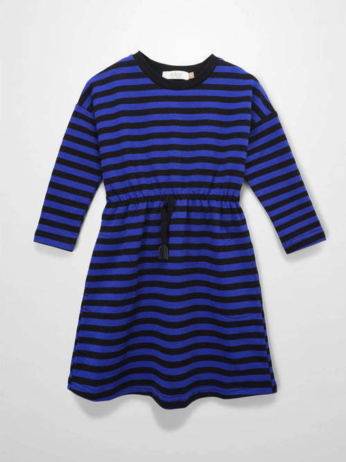 Blue and black striped sweatshirt dress for girls with drawstring waist, crew neck, and long sleeves.