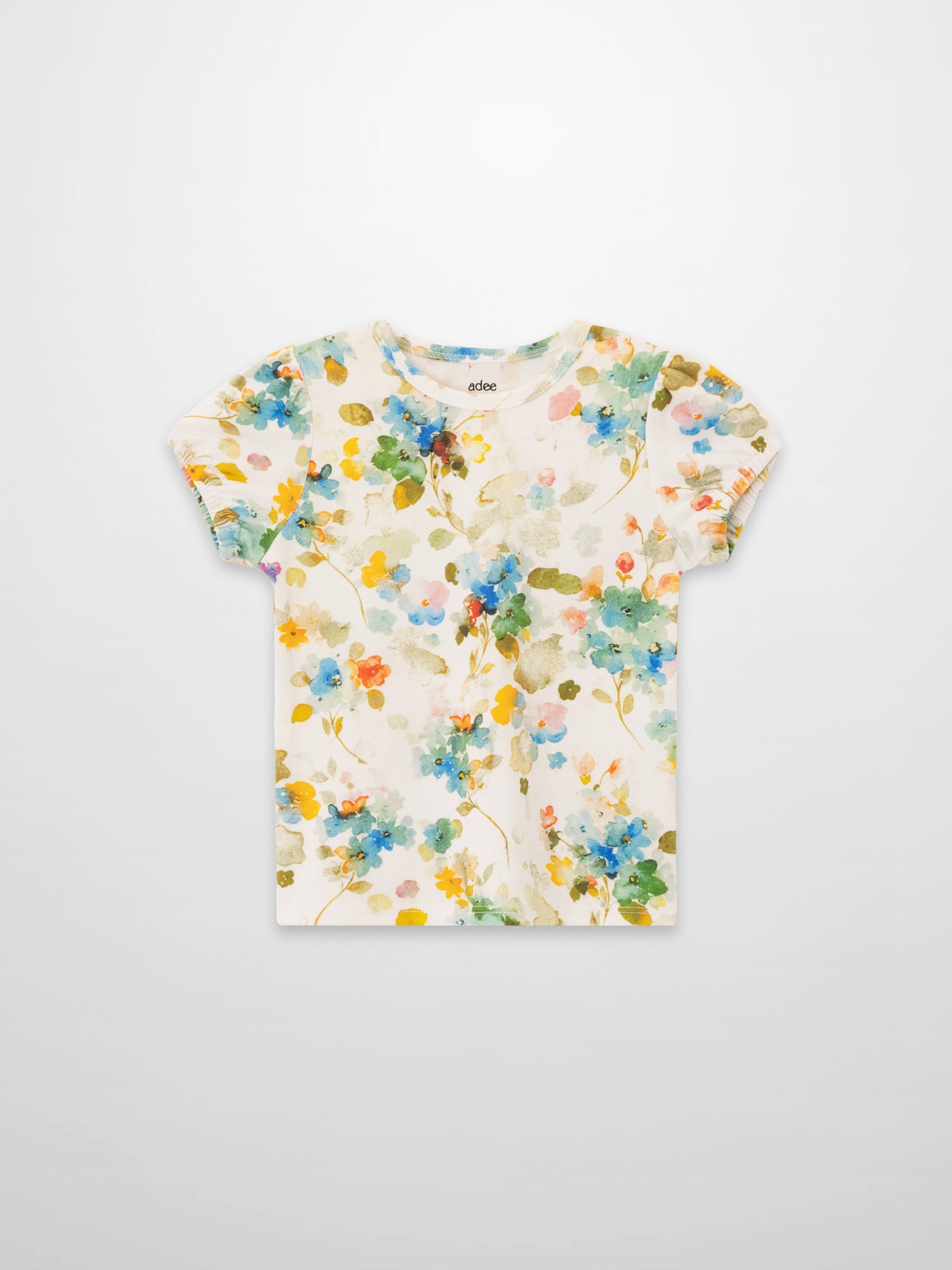 Pastel Flower Short Puff Sleeve T-shirt for girls by Adee, floral print.
