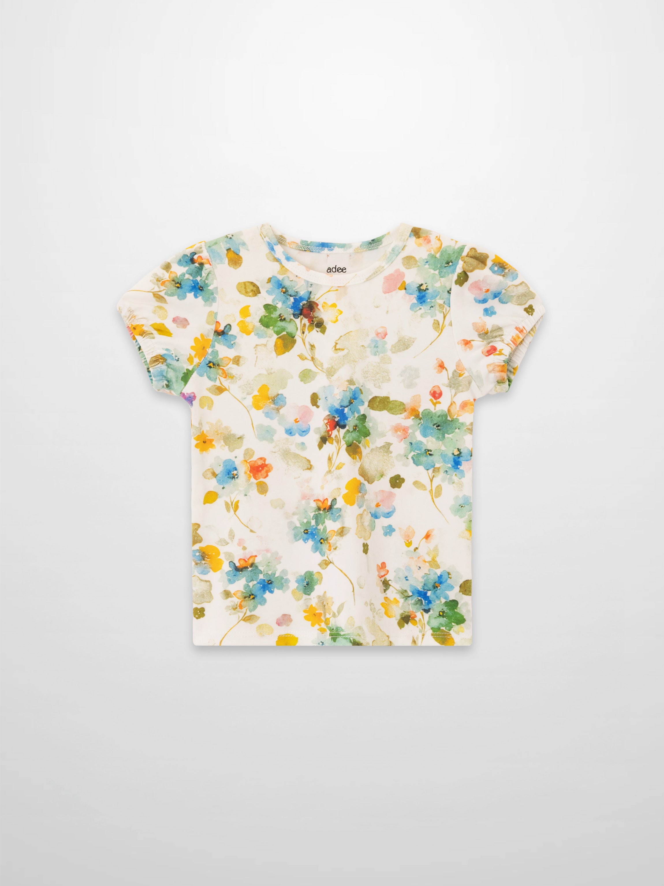 Pastel Flower Short Puff Sleeve T-shirt for girls by Adee, floral print.