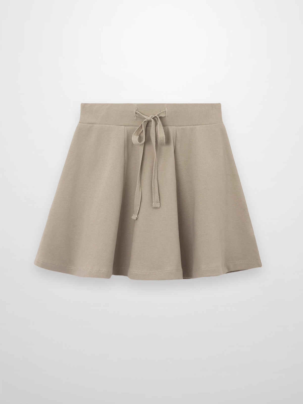 Taupe 6-panel skirt with drawstring waist and flared silhouette.