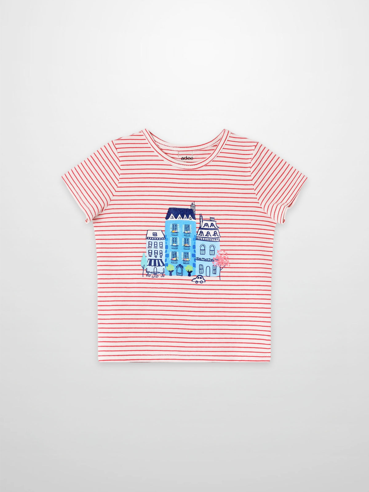 Little Paris Short Sleeve T-Shirt by Adee, red-striped girls’ top with blue cityscape graphic