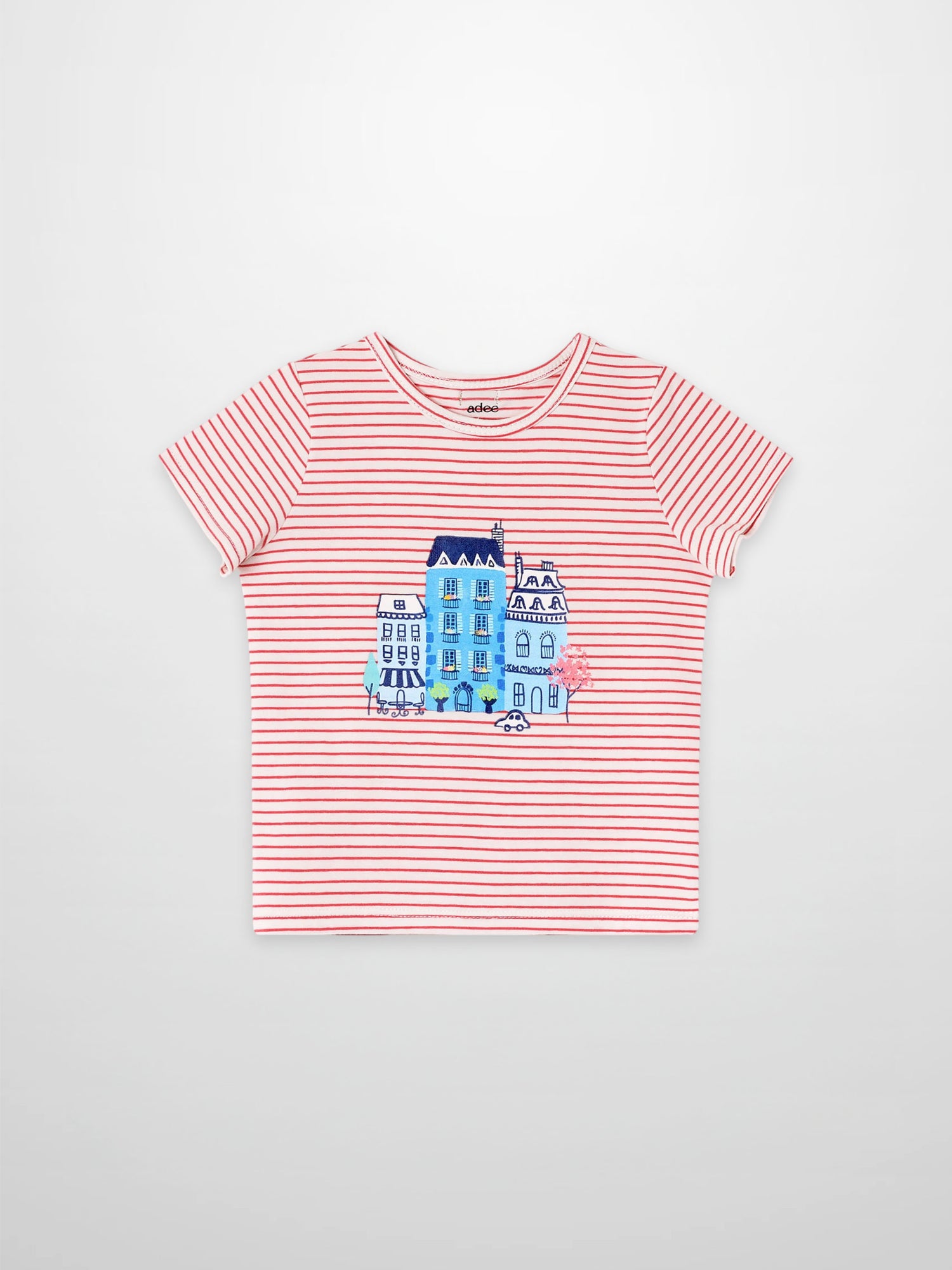 Little Paris Short Sleeve T-Shirt by Adee, red-striped girls’ top with blue cityscape graphic