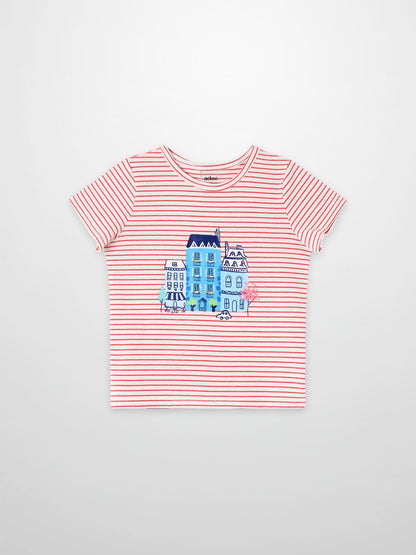 Little Paris Short Sleeve T-Shirt by Adee, red-striped girls’ top with blue cityscape graphic