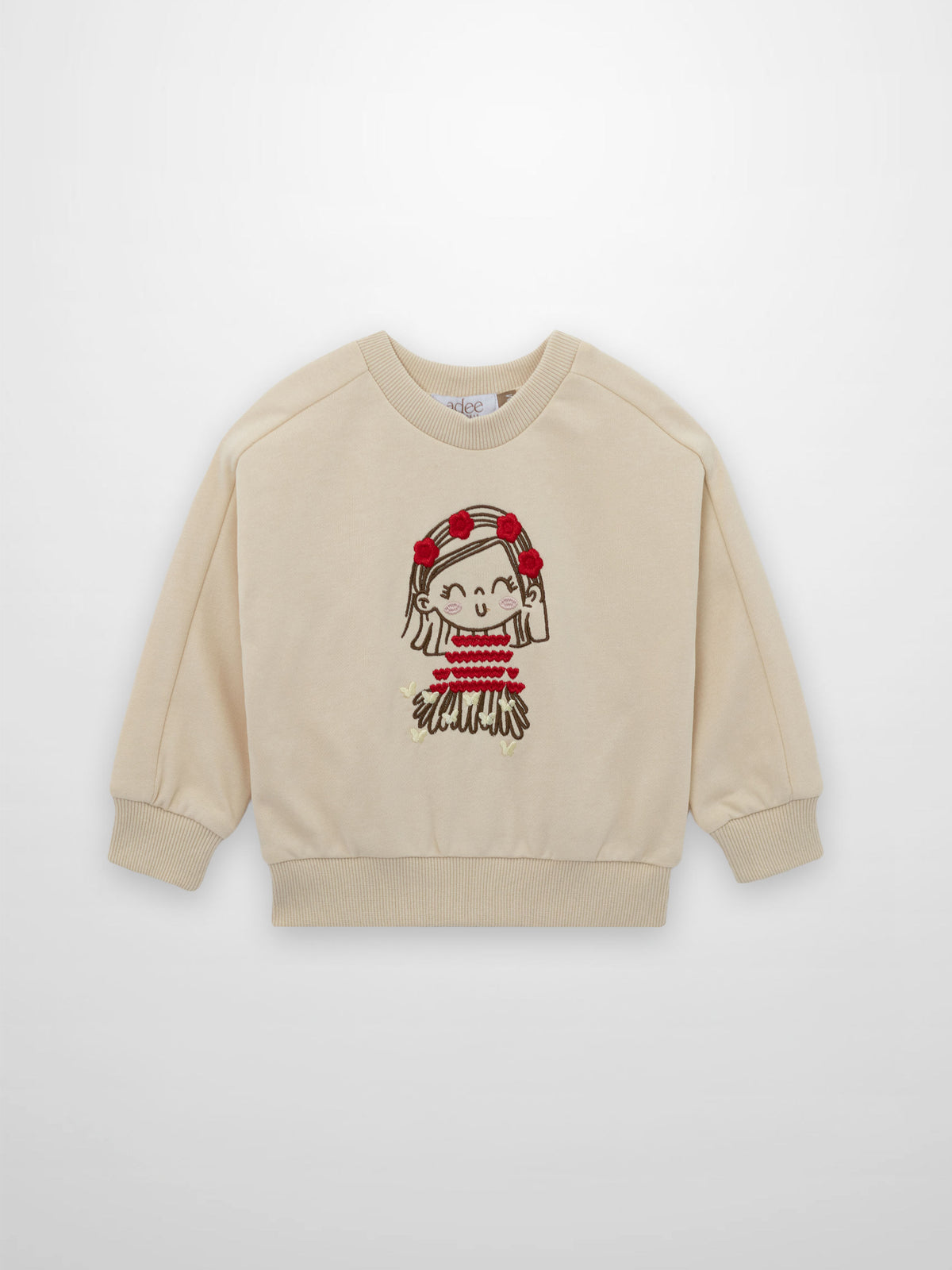 Embroidered Girl Sweatshirt, beige, by Adee; cute girl embroidery with red flower headband.