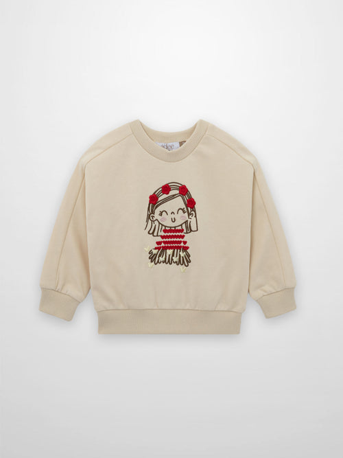 Embroidered Girl Sweatshirt, beige, by Adee; cute girl embroidery with red flower headband.