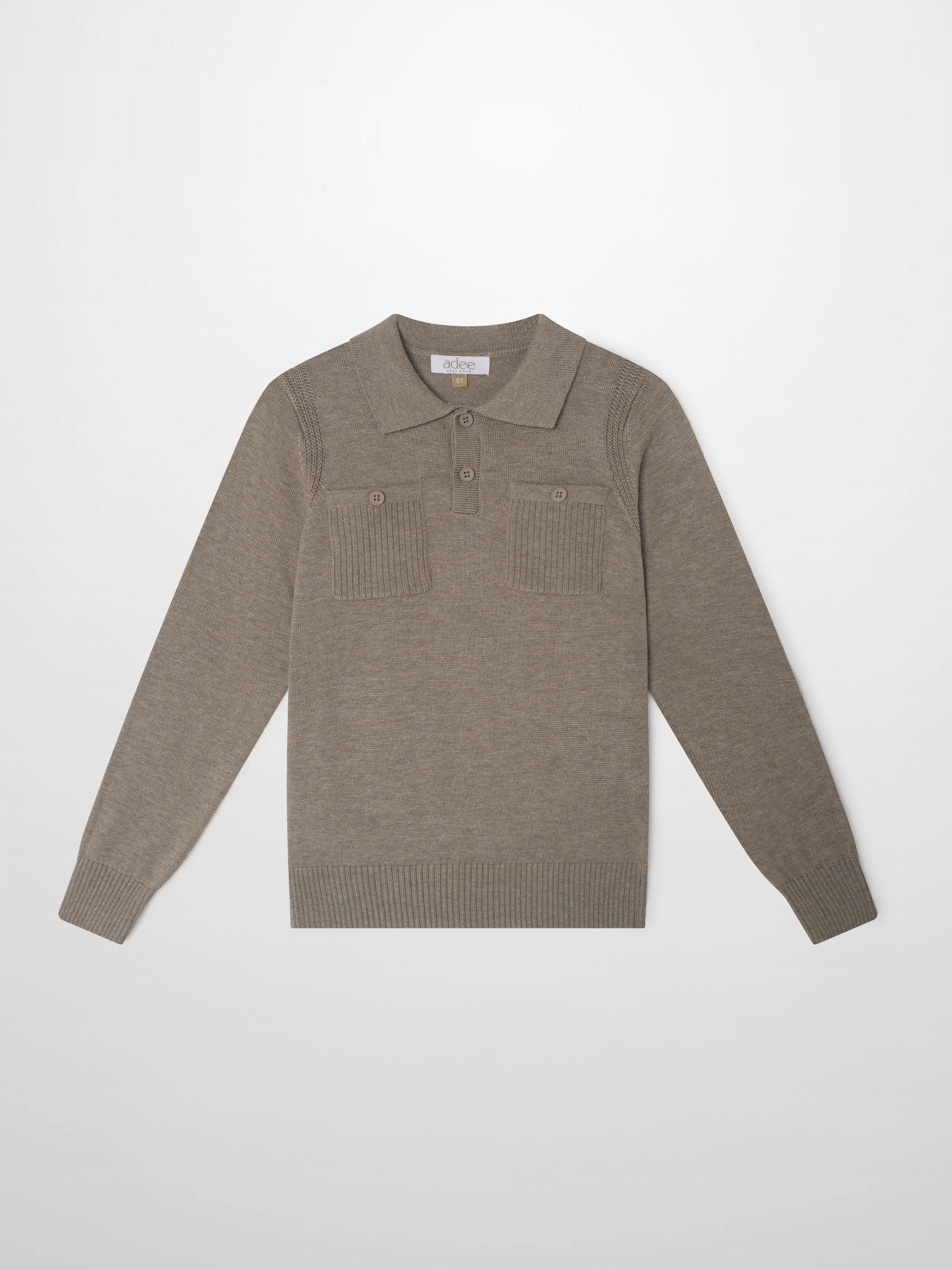 Collared knit sweater for boys in taupe by Adee, dressy top with two chest pockets