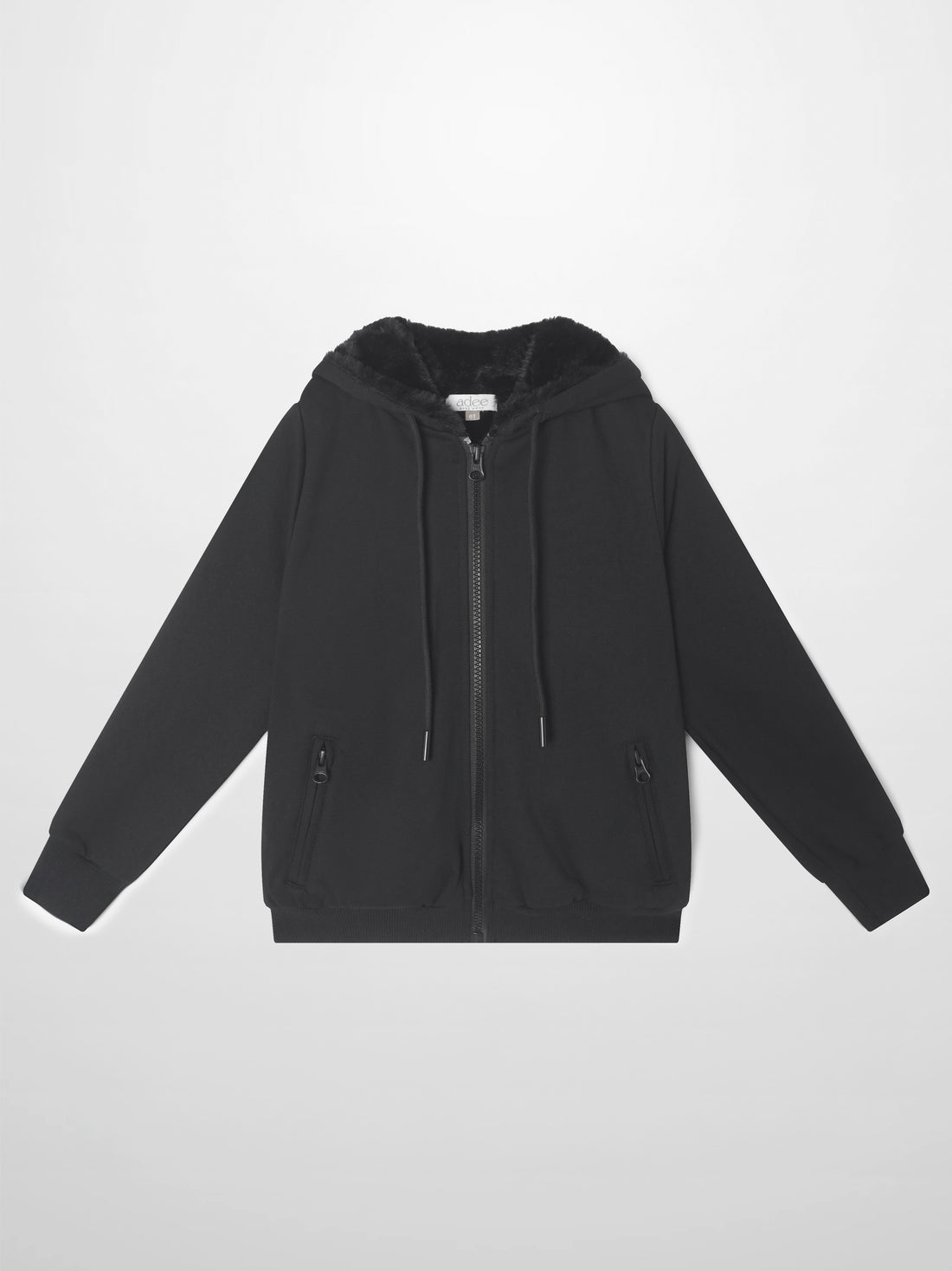 Fur-lined sweatshirt Adee, black unisex zip-up hoodie with pockets.