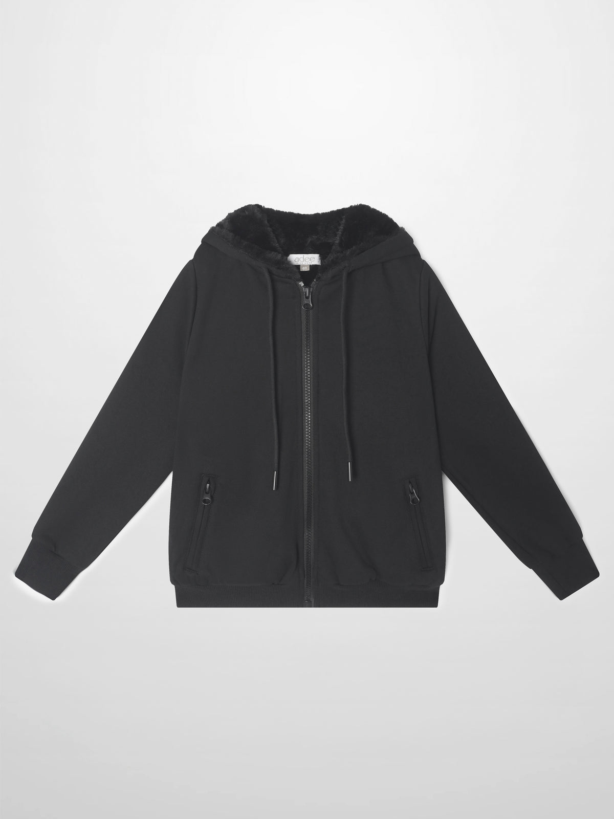 Fur-lined sweatshirt Adee, black unisex zip-up hoodie with pockets.