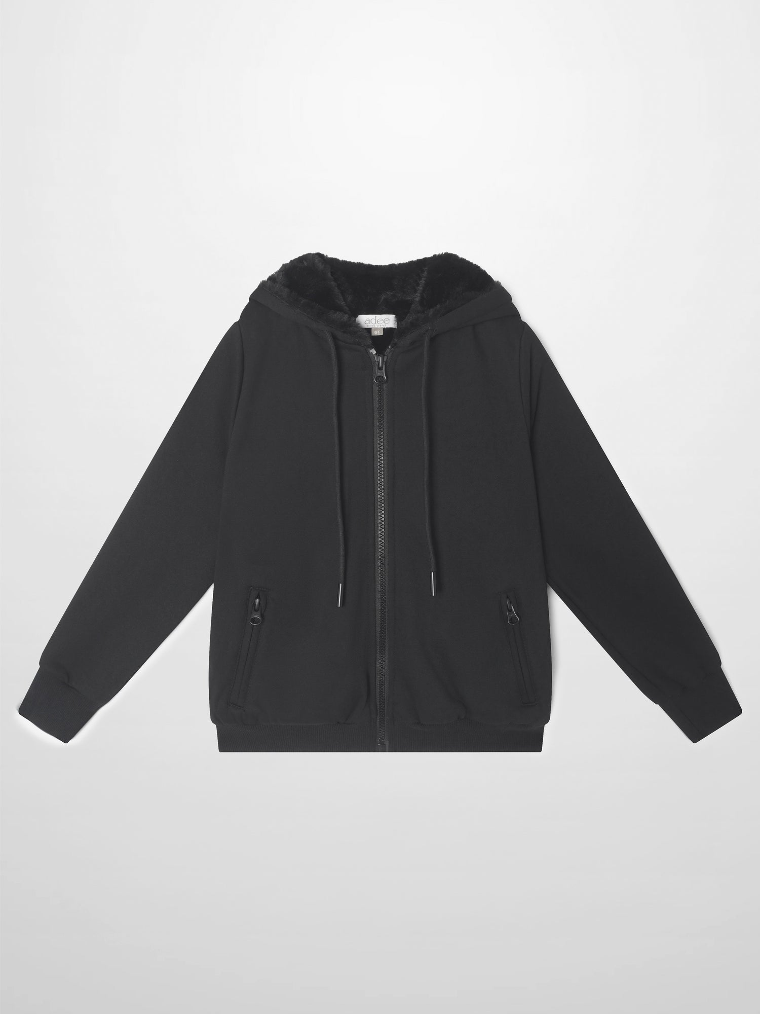 Fur-lined sweatshirt Adee, black unisex zip-up hoodie with pockets.