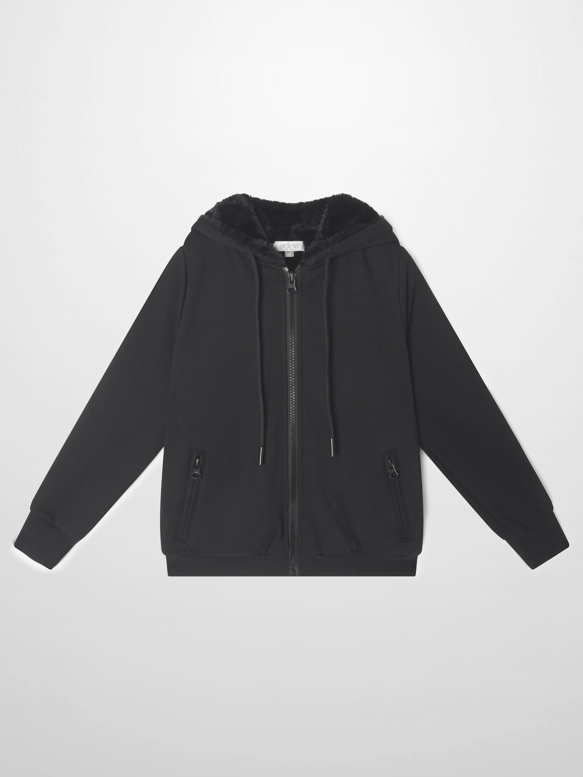 Fur-lined sweatshirt Adee, black unisex zip-up hoodie with pockets.