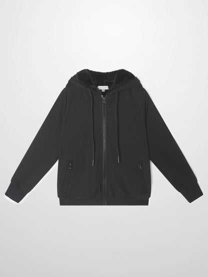 Fur-lined sweatshirt Adee, black unisex zip-up hoodie with pockets.
