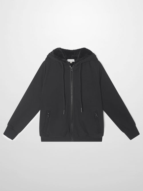 Fur-lined sweatshirt Adee, black unisex zip-up hoodie with pockets.