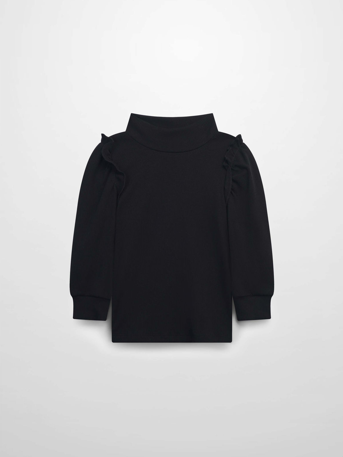 Black ribbed mock-neck shirt with puff sleeves and ruffle accents for girls of all ages.