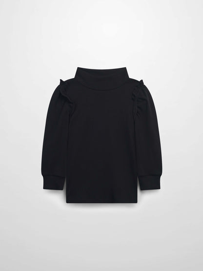 Ruffle Puff Sleeve Mock Neck Shirt - Black