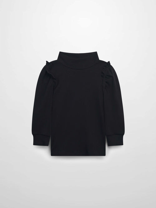 Black ribbed mock-neck shirt with puff sleeves and ruffle accents for girls of all ages.
