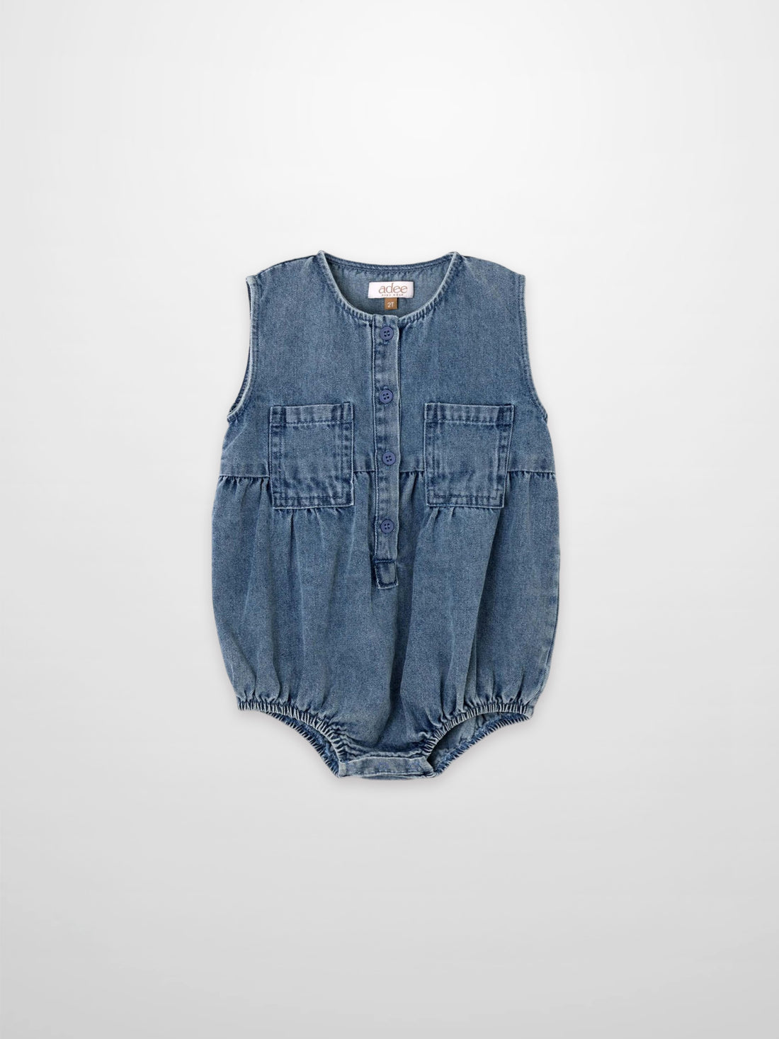 Blue denim romper for boys by Adee with front pockets and button placket