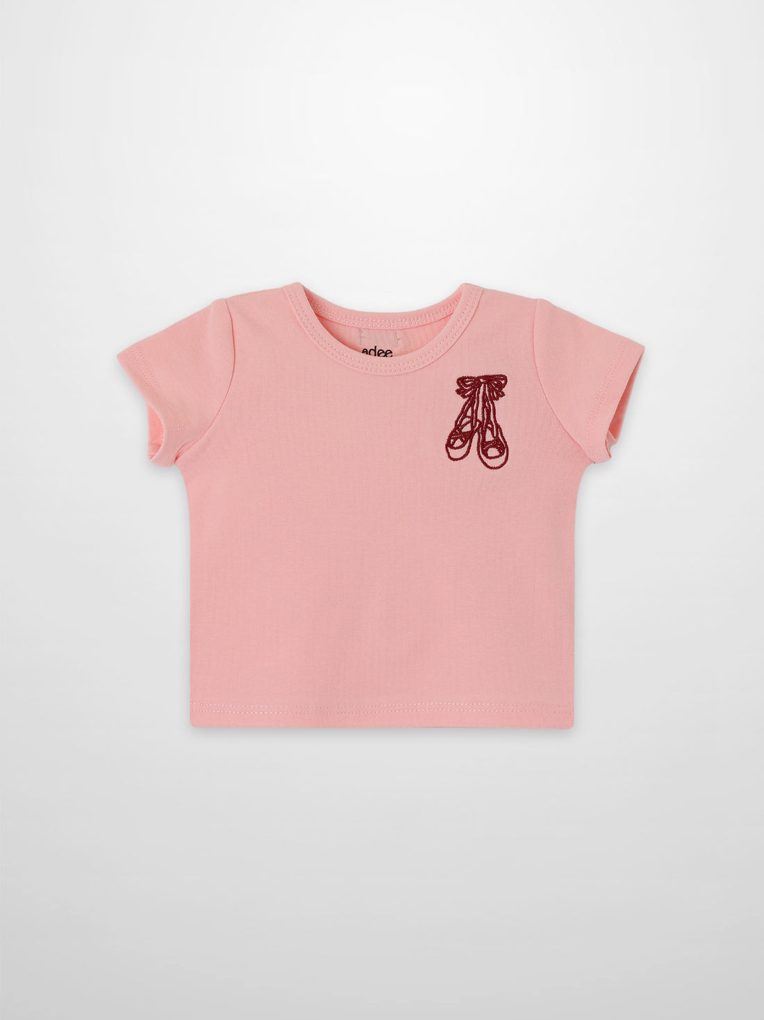 Short Sleeve Emblem T-shirt for girls, light pink with maroon ballet slippers emblem, Adee.