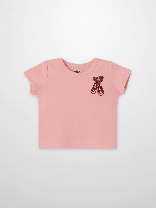 Short Sleeve Emblem T-shirt for girls, light pink with maroon ballet slippers emblem, Adee.
