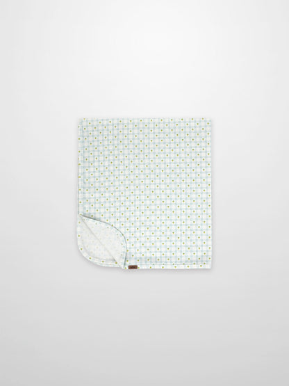 Lemon Window Blanket, Adee; boys swaddle blanket with white base, pale blue grid, and tiny yellow dots.