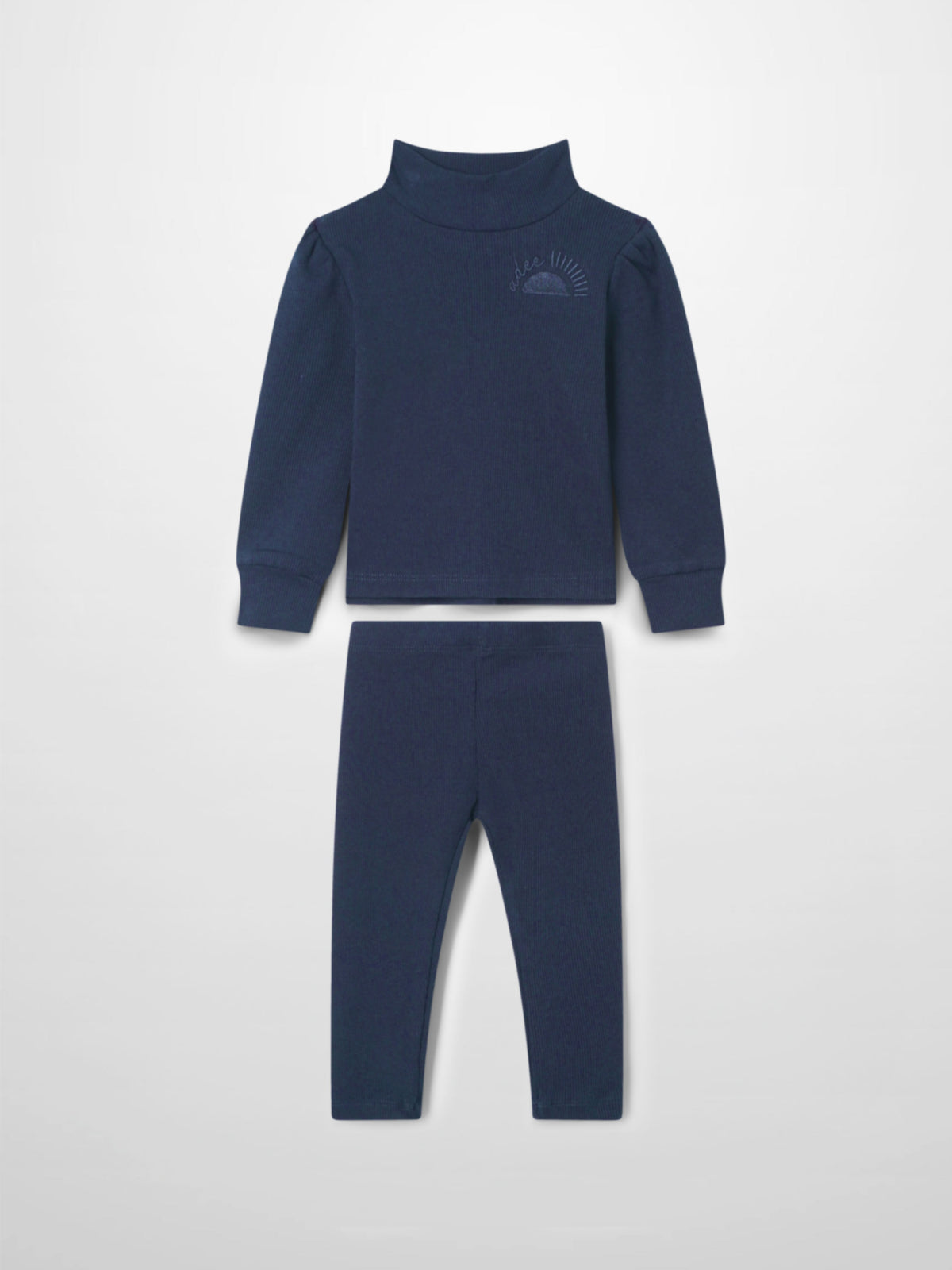 Ribbed Legging Set Puff Sleeves - Navy by Adee; 2-piece little girls navy knit outfit with matching top and leggings